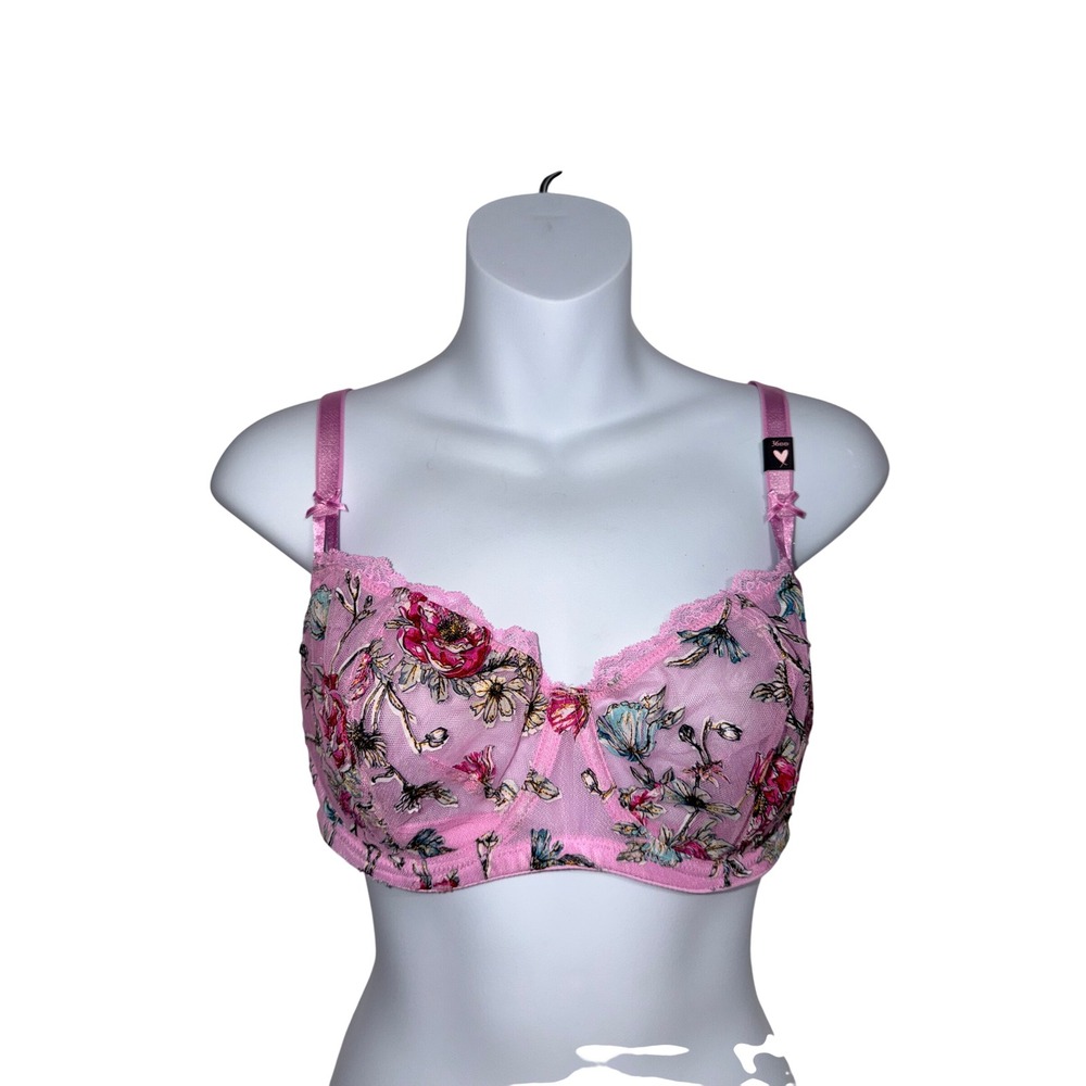 Victorias Secret Dream Angels Pink Floral Embroidered Unlined Demi Bra 36DD NEW